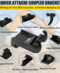 X Change Quick Attach Coupler Bracket For Mini Excavators, black coated steel mount surrounded by various bucket attachments.