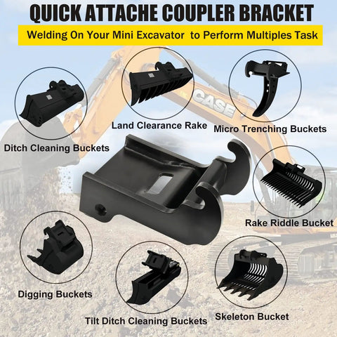 X Change Quick Attach Coupler Bracket For Mini Excavators, black coated steel mount surrounded by various bucket attachments.