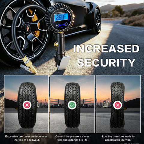 Digital Tire Pressure Gauge With Inflator And 250 PSI Heavy Duty Air Chuck Quick Connect Hose For Cars And Inflatables with LED display