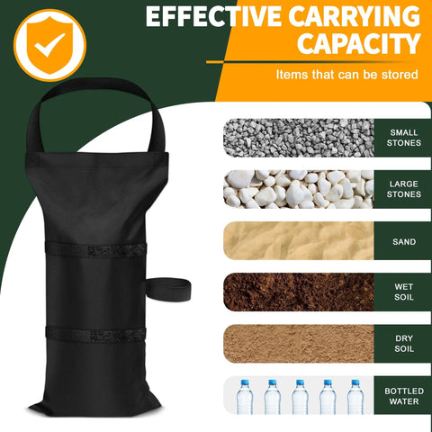 Heavy Duty Canopy Sand Bags 4 Pack 120 Lb Capacity 47 X 24 Cm Weights showing filling options like stones and sand