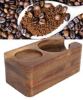 Rock Steady 58 Mm Coffee Tamper Stand With Solid Hardwood Portafilter Holder For Smooth Espresso Pulls And Slip Proof Tamping Platform For Serious Brew Squad showing wood stand beside coffee beans