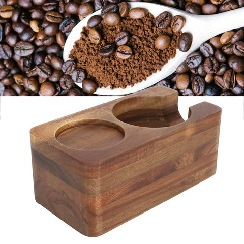 Rock Steady 58 Mm Coffee Tamper Stand With Solid Hardwood Portafilter Holder For Smooth Espresso Pulls And Slip Proof Tamping Platform For Serious Brew Squad showing wood stand beside coffee beans
