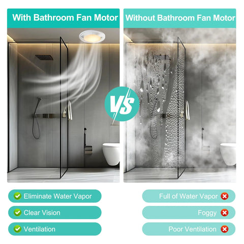 Comparison of two bathrooms, left with clear air using Replacement Bathroom Fan Motor Assembly For Broan 688 Series And Nutone 695, right with foggy air.