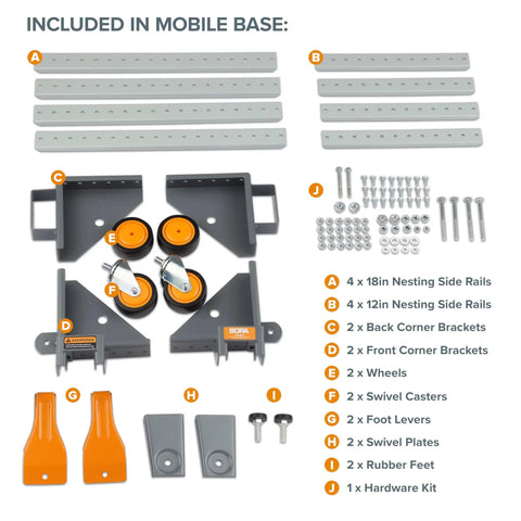 Components of Heavy Duty Universal Mobile Tool Base With 3 Inch Non Marking Wheels, includes rails, brackets, and hardware.
