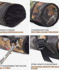 Adjustable Back Archery Quiver Holder for Compound and Recurve Bows detailing features including wide mouth, thick bottom, strap and clip