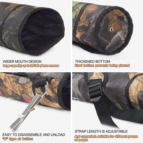 Adjustable Back Archery Quiver Holder for Compound and Recurve Bows detailing features including wide mouth, thick bottom, strap and clip