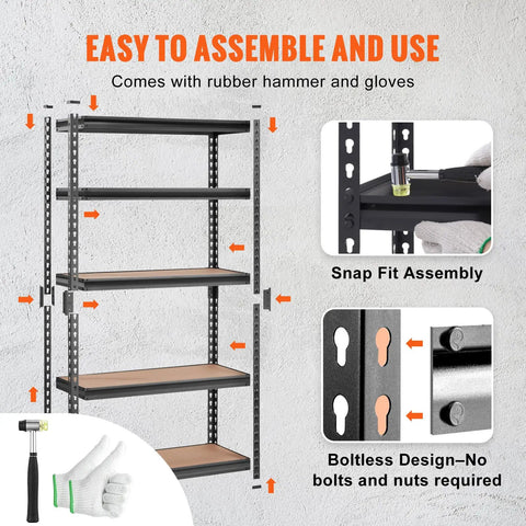 5 Tier Adjustable Storage Shelves Heavy Duty Garage Rack, 2000 Lbs Total Capacity, 30x12x60 Inch Steel Shelving Unit For Tools, Parts, And Gear, Durable Industrial Grade Boss Level Organization, snap fit assembly