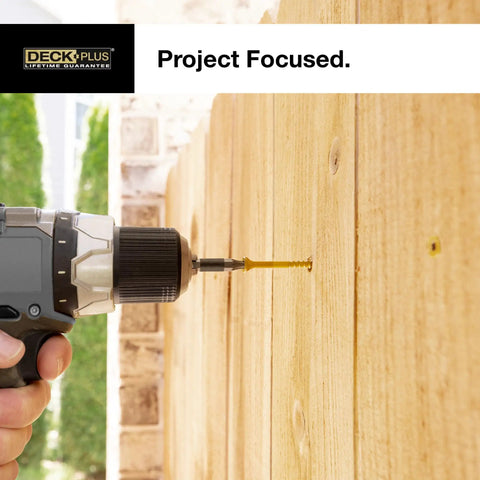 Person using drill with Tough As Nails 2 Inch Epoxy Coated Exterior Wood Screws for outdoor fence installation