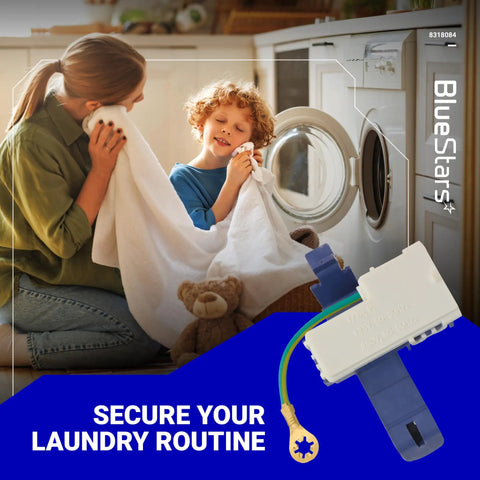 Child and mother by washing machine with Ultra Durable Washer Door Lid Switch Replacement 8318084 for Whirlpool Kenmore.
