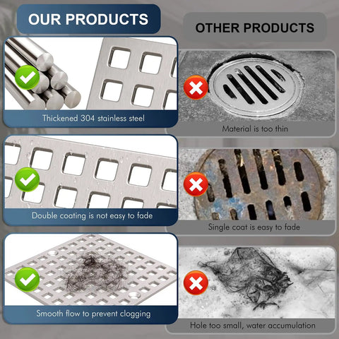Comparison of Built Tough Brushed Nickel Square Shower Drain Cover 3-7/8 Inches Wide and inferior drainage products.