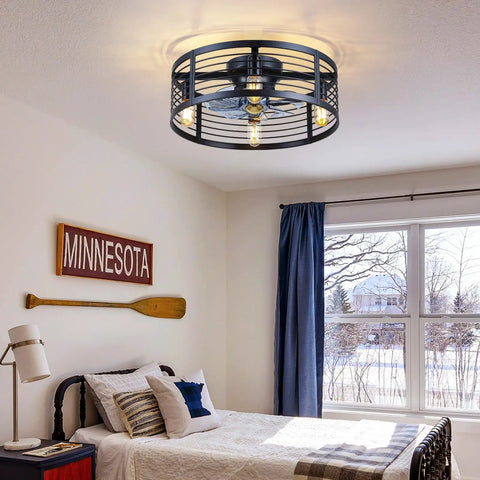 20 Inch Black Caged Ceiling Fan With Light Flush Mount Fandelier With Remote Low Profile Industrial Style In Bedroom
