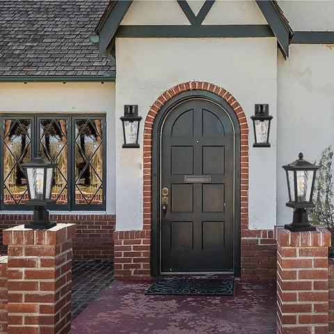 Outdoor Wall Lights With Motion Sensor Black Porch Lighting With One Button Control Three Modes mounted by a house doorway