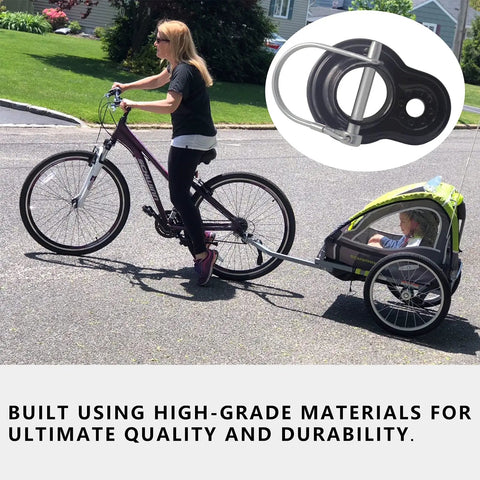 Universal Bike Trailer Coupler Hitch Attachment for Flat and Angled Mounts shown attached to bicycle and trailer