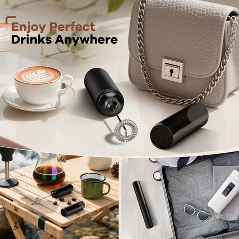 Rechargeable Milk Frother Handheld Wand For Coffee And Lattes Electric Whisk With Cover shown with travel essentials