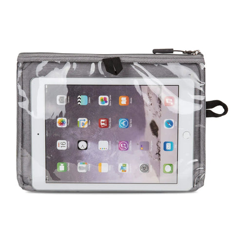 World Travel Essentials Seat Pack Organizer with large compartment displaying tablet screen through clear rear panel.