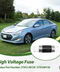 Dead Simple High Voltage Fuse Replacement Built Tough For Hyundai Sonata And Kia Optima Hybrids with part 375F24R150, shown next to a blue sedan.