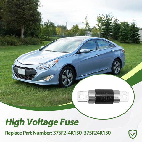 Dead Simple High Voltage Fuse Replacement Built Tough For Hyundai Sonata And Kia Optima Hybrids with part 375F24R150, shown next to a blue sedan.