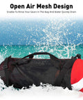 Ultra Large 30 Inch Mesh Dive Gear Bag For Scuba Snorkeling And Beach Trips Pro Grade Quick Dry Duffel on beach with ocean waves