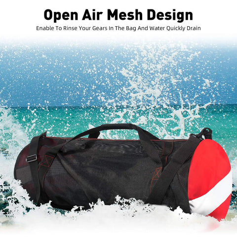 Ultra Large 30 Inch Mesh Dive Gear Bag For Scuba Snorkeling And Beach Trips Pro Grade Quick Dry Duffel on beach with ocean waves