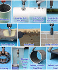 Image showing applications of Eight Pack Tungsten Carbide Burr Set With Quarter Inch Shank In Blue Flat Box for Die Grinder And Rotary Tools Includes 6mm 10mm And 12mm Heads For Metal Wood Stone Steel Grinding Deburring Porting And Carving And Double Cut Finish. It illustrates grinding fiberglass, PVC, glass, wood, and deburring pipes.
