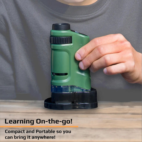 LED Lighted Pocket Microscope With 20x To 40x Zoom For Clear Close Ups Ultra Portable 2 Ounce Handheld Scope Includes Two Slides And Base Stand Compact 3.9 By 2.1 By 1.1 Inch Body Great For Students Hobbyists Science Buffs And On The Go Field Work.