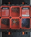 Top view of a Six Tray Tool Box Organizer With Transparent Cover And Stackable Design, Detachable, showing assorted screws and nuts inside.