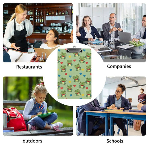 Kawaii Print Acrylic Clipboard For Workday Vibes, Thick Clear Clipboard Fits Letter Size Papers, Hanging Hole Office Supply For Home Office, School, And Warehouse Use, Durable Desk Accessory showing frog print clipboard for restaurants, companies, outdoors, and schools