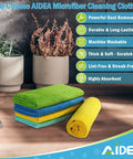 Colorful AIDEA microfiber cloths stacked on a table, highlighting features like powerful dust removal and high absorbency.