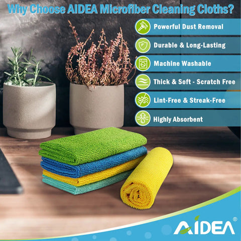 Colorful AIDEA microfiber cloths stacked on a table, highlighting features like powerful dust removal and high absorbency.