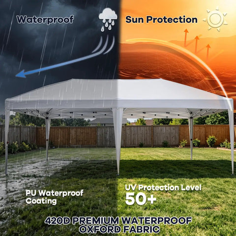 Ten By Twenty Foot Pop Up Canopy Without Sidewall Waterproof Outdoor Shade Tent With Carry Bag illustrating sun and rain protection in a backyard.