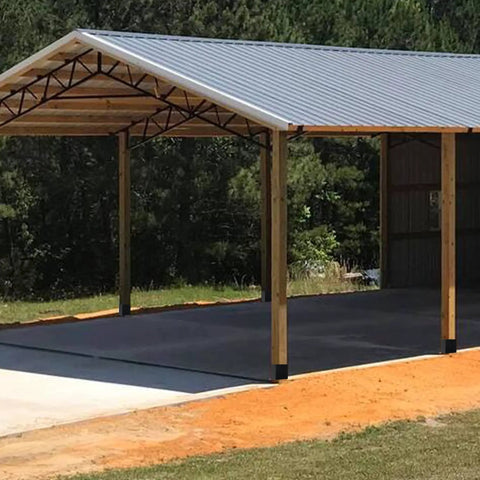 Carport supported by sturdy 4x4 post base anchor ground spike for concrete decks and fence posts, black powder coated steel, fits 3.5x3.5 wood posts.