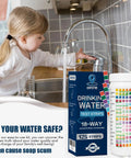 18 In 1 Water Test Strips Kit For Home And Well Water, 125 Strips shown with faucet and child using kit at kitchen sink