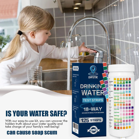 18 In 1 Water Test Strips Kit For Home And Well Water, 125 Strips shown with faucet and child using kit at kitchen sink