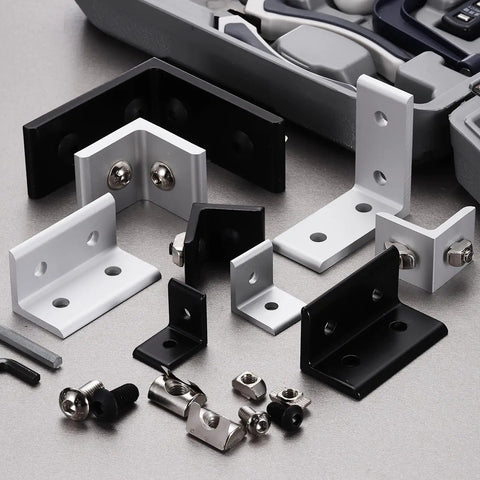 Dead Simple Setup 10 Piece 4 Hole Inside Corner Brackets Heavy Duty L Connectors Black T Slot Fittings For 4080 Aluminum Extrusion Workbench Frames And Custom Builds, assorted brackets and fasteners.