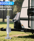 Heavy Duty 8000 Lb Trailer Jack With 28.8 Inch Lift, Cordless Drill Compatible 20-24V attached to RV side view