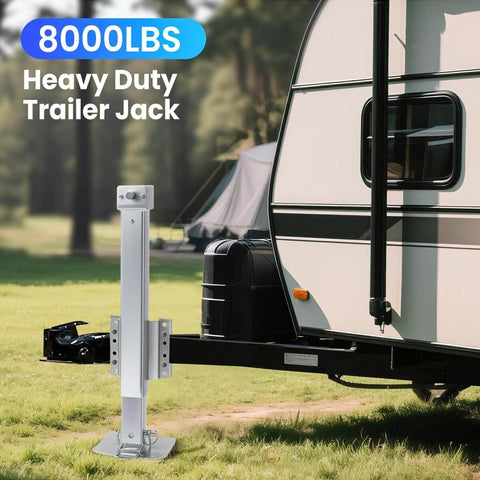 Heavy Duty 8000 Lb Trailer Jack With 28.8 Inch Lift, Cordless Drill Compatible 20-24V attached to RV side view