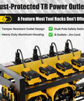 Power Tool Organizer Wall Mount With Eight Outlet Charging Hub Cordless Drill Holder showing power outlets and chargers
