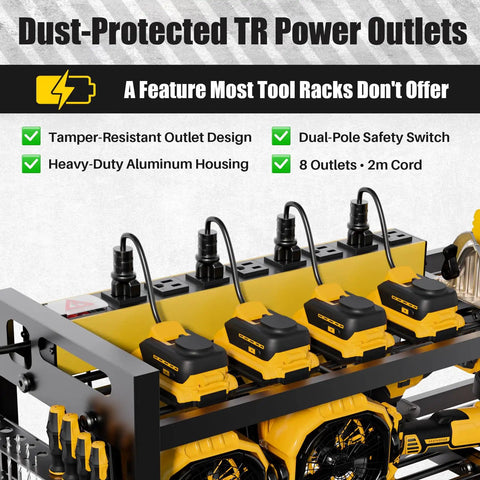 Power Tool Organizer Wall Mount With Eight Outlet Charging Hub Cordless Drill Holder showing power outlets and chargers