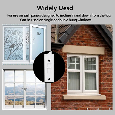 Spring Loaded Window Tilt Latch Locks Replacement For Sliding Windows Plastic Hardware 3 By 1 Inch White 40 Piece Set Two Inch Hole Center Spacing Screws Not Included in use on single hung window and brick exterior.
