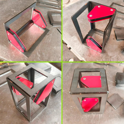Beginner Welding Practice Kit With Magnets And Coupons, 42 Piece Set featuring steel plates with red magnets on metal surface.
