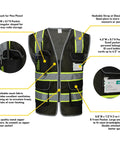 Heavy Duty Reflective Mesh Safety Vest For Men In Black With Nine Roomy Pockets And Bright High Visibility Markers For Construction Job Sites, showcasing pockets and breathable mesh.