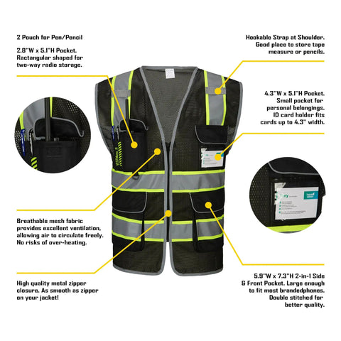 Heavy Duty Reflective Mesh Safety Vest For Men In Black With Nine Roomy Pockets And Bright High Visibility Markers For Construction Job Sites, showcasing pockets and breathable mesh.