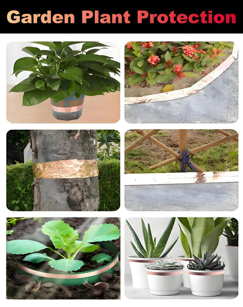 Conductive copper foil tape, 1/2 in wide; collage shows uses on tree trunk, planters, garden edging, and pots.