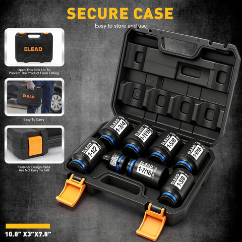 One Half Inch Drive Deep Impact Socket Set Eight Piece SAE Wheel Nut Wrench Kit with Large Sockets in Secure Case