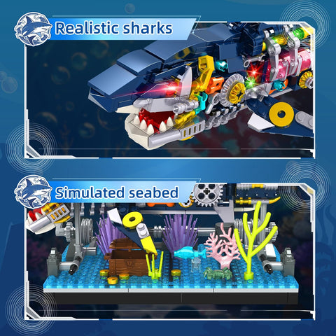 Semi Mechanical Shark Building Block Set With 499 Pieces For Ocean Landscape Creation displaying shark and ocean base