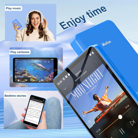 Jam Packed 80GB MP3 Player With Bluetooth And WiFi, 4.0 Inch Screen displaying music, cartoons, and bedtime stories.