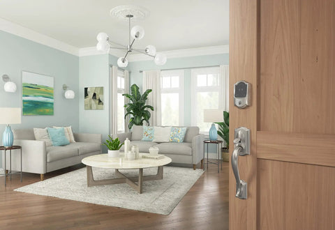 Rock Solid Smart WiFi Lock For Front Door Keyless Entry Deadbolt Works With Apple Watch Unlock Built In WiFi Hassle Free App Control Easy Install Alexa And Home Kit Ready Satin Nickel Pack Of Four shown on wooden door in modern living room.