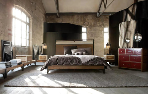 Spacious bedroom with Amber Glass Bedside Lamps Set of 2 For Bedroom With USB Port, Dimmable Nightstand Lights In Vintage Brown Industrial Farmhouse Style, Includes 2 LED Bulbs, Perfect For Living Room Or Office, highlighting industrial decor and natural light.