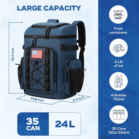 Soft Lightweight Leakproof Backpack Cooler For 35 Cans in blue, showing dimensions and features for beach, hiking, camping, work