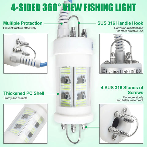 Beast Bright 160W Submersible Fishing Light With 80000 Lumens, IP68 Waterproof Green LED showing four-sided 360° illumination design.